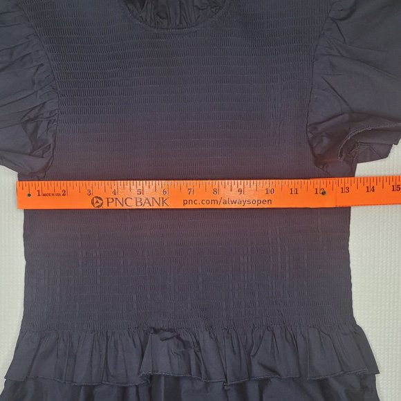 Sunday Up Dress Navy Blue Size Large Smocked Bodice Mock Neck Ruffle Sleeves - Picture 7 of 11